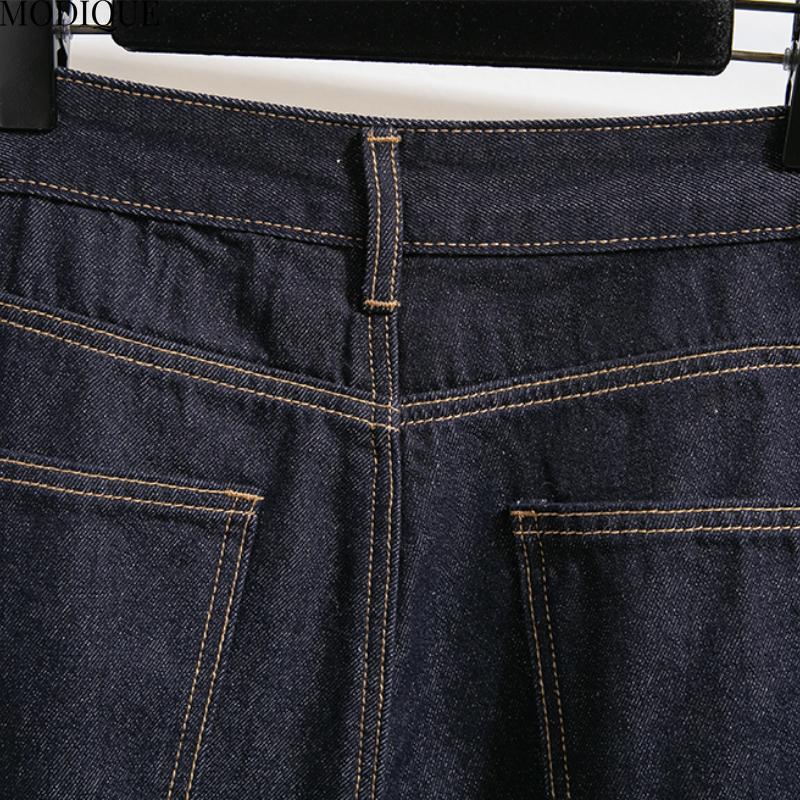 MODIQUE 2025 New Plus Size Summer Women's Loose Casual Straight Wide Leg Mopping Pants Ladies Elastic Solid Color Blue Denim Long Jeans