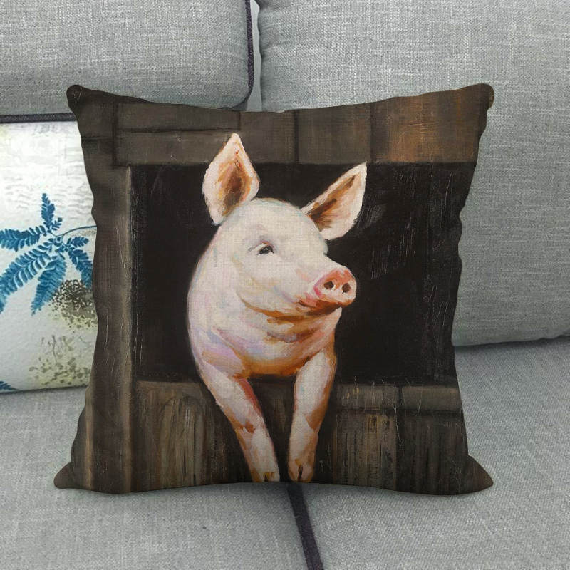 Oil Painting Of Animals - Pigs And Sheep Digital Printing Short Plush Pillow Covers For Car Sofa Office Cushion Cover Home Goods