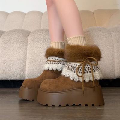 Две женщины в зимних ботинках на толстой подошве, увеличивающих рост, 2025, зимние, бархатные, теплые, короткие, в стиле пустоши, ветрозащитные, милые пушистые хлопковые ботинки