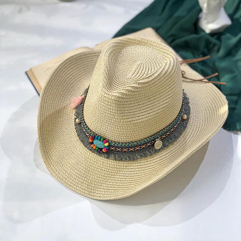Summer Women's Men's Sun Hat Western Cowboy Gentleman Jazz Sunscreen Handmade Straw Hats