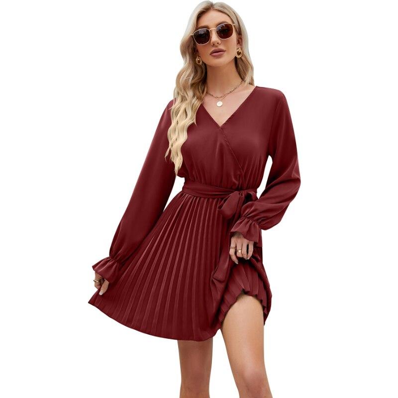 Solid Elegant Spring Dress Women Lace-up V-neck A Line Short Dress Summer 2026 Casual Pleated Long Sleeve Dresses Vestido 25154