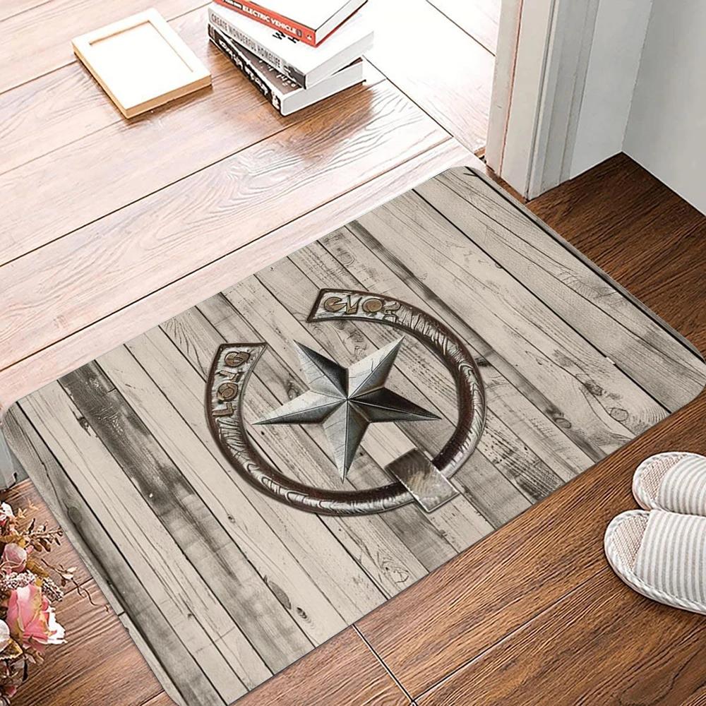 Western Cowhide Entrance Doormat Non-Slip Gold Texas Star Carpet Indoor Outdoor Floor Mat Living Room Bedroom Bath Kitchen Rug