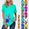 Женская летняя футболка с синим принтом бабочки, футболки с короткими рукавами, повседневные топы, маленький v-образный вырез, короткие рукава