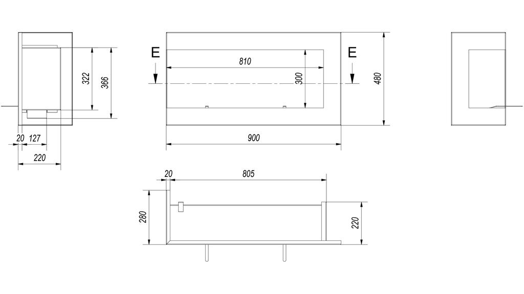 Bioethanol Fireplace 900 TÜV Left-sided with Stones Set