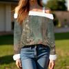 Women's Off-the-shoulder Plush Neck Printed Long-sleeved Pullover T-shirt Top