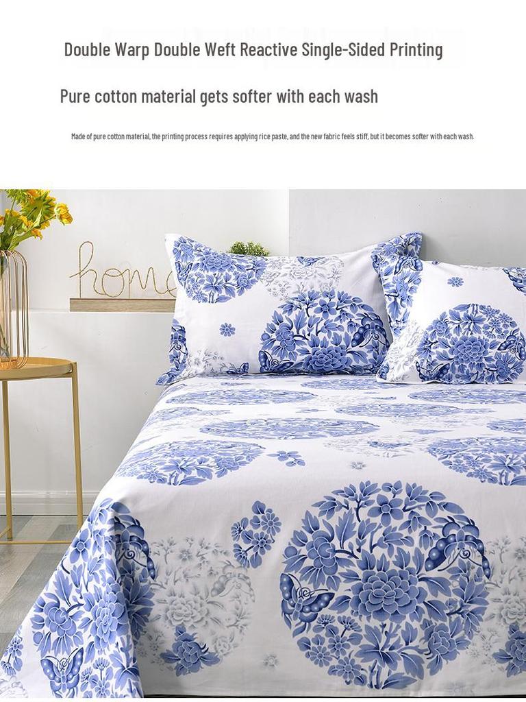 Blue and White Porcelain Canvas Bed Sheet - Single, Four Seasons