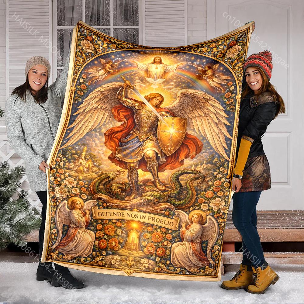1PC Angel wielding sword conquers dragon print blanket Prayer blankets for believers suitable for home sofa camping travel car
