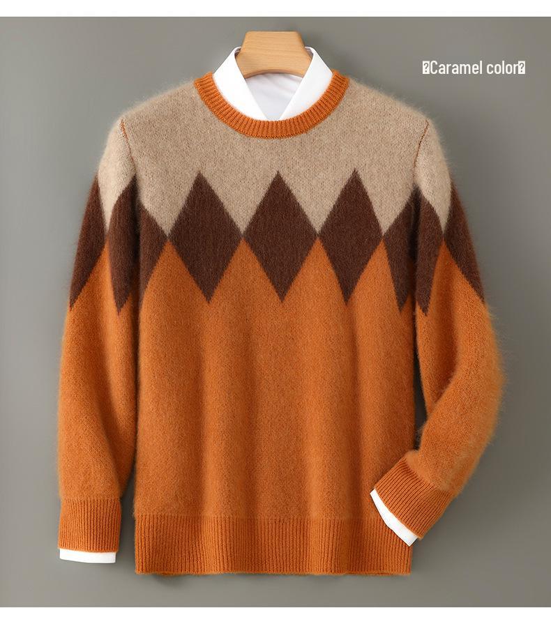 Men's Color Block Wool Sweater: Round Neck, Thick, Simple Design, 100% Pure Cashmere, Perfect for Autumn/Winter.