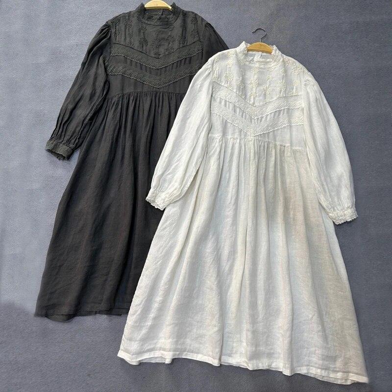 Johnature Japanese Mori Women Embroidered Dress Autumn Vintage French Puff Sleeves Lace Collar Autumn Long Dress