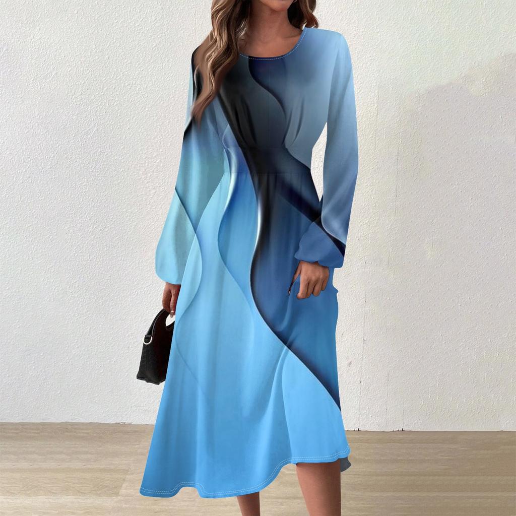 Женское осенне-зимнее повседневное модное платье с круглым вырезом и длинным рукавом с принтом