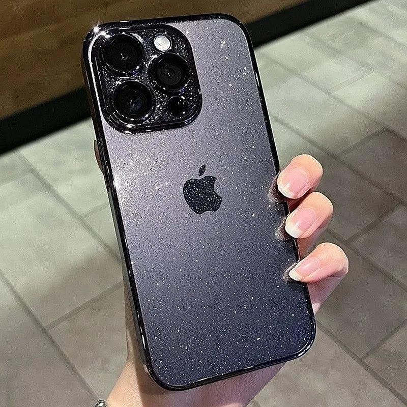 Блестящий чехол для телефона с глиттером для iPhone 16 15 14 Pro Max, Роскошная гальванизированная зеркальная крышка с прозрачным ТПУ бампером, Ударопрочный