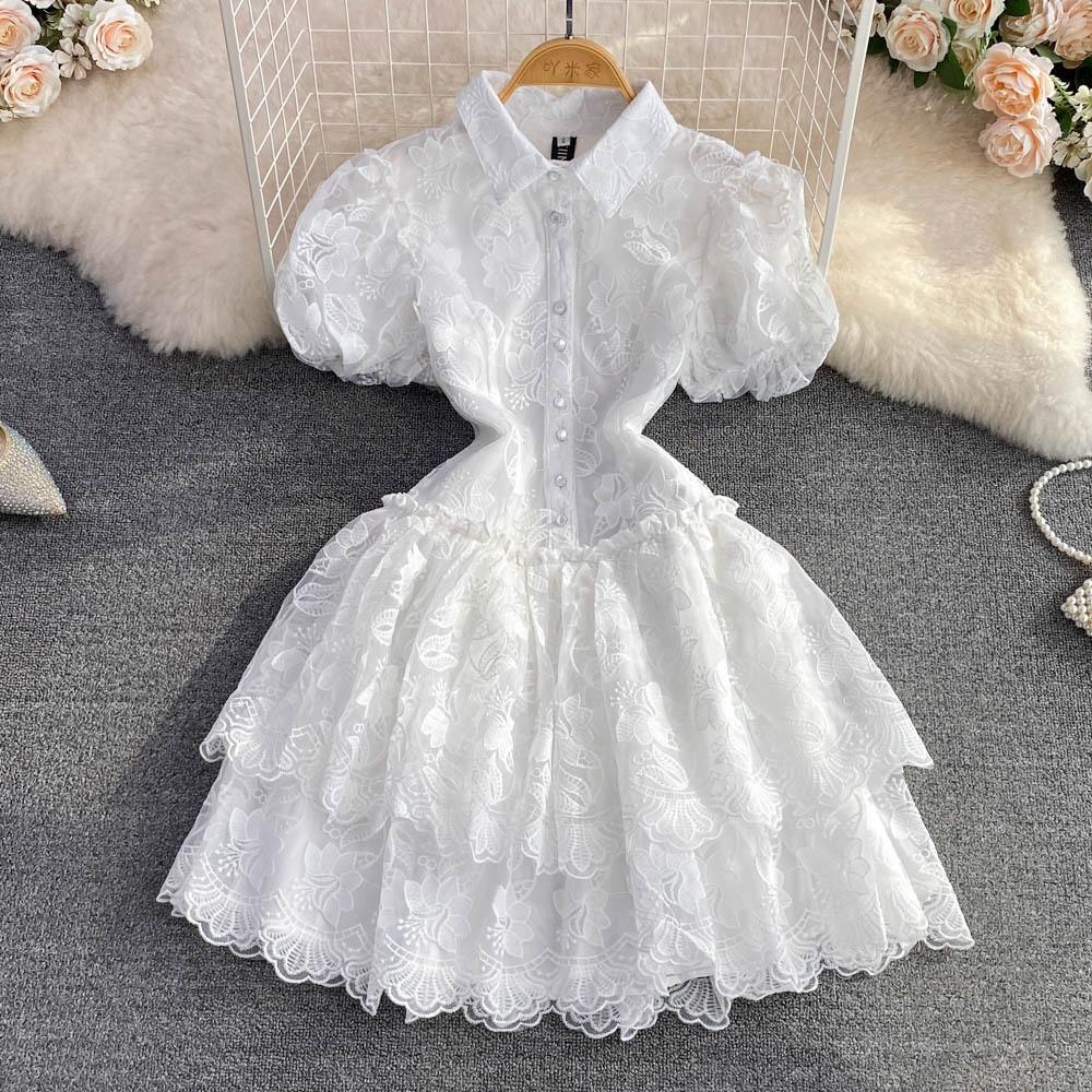 Summer Women's Retro Temperament Super Fairy Lapel Single-breasted White Embroidery Bubble Sleeve A Word Cake Dress