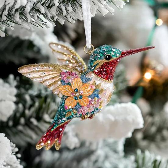 Hummingbird Christmas Ornaments Glitter Rhinestones Floral Hummingbird Ornaments for Christmas Tree 2D Acrylic Keepsake Gifts for Bird Lovers