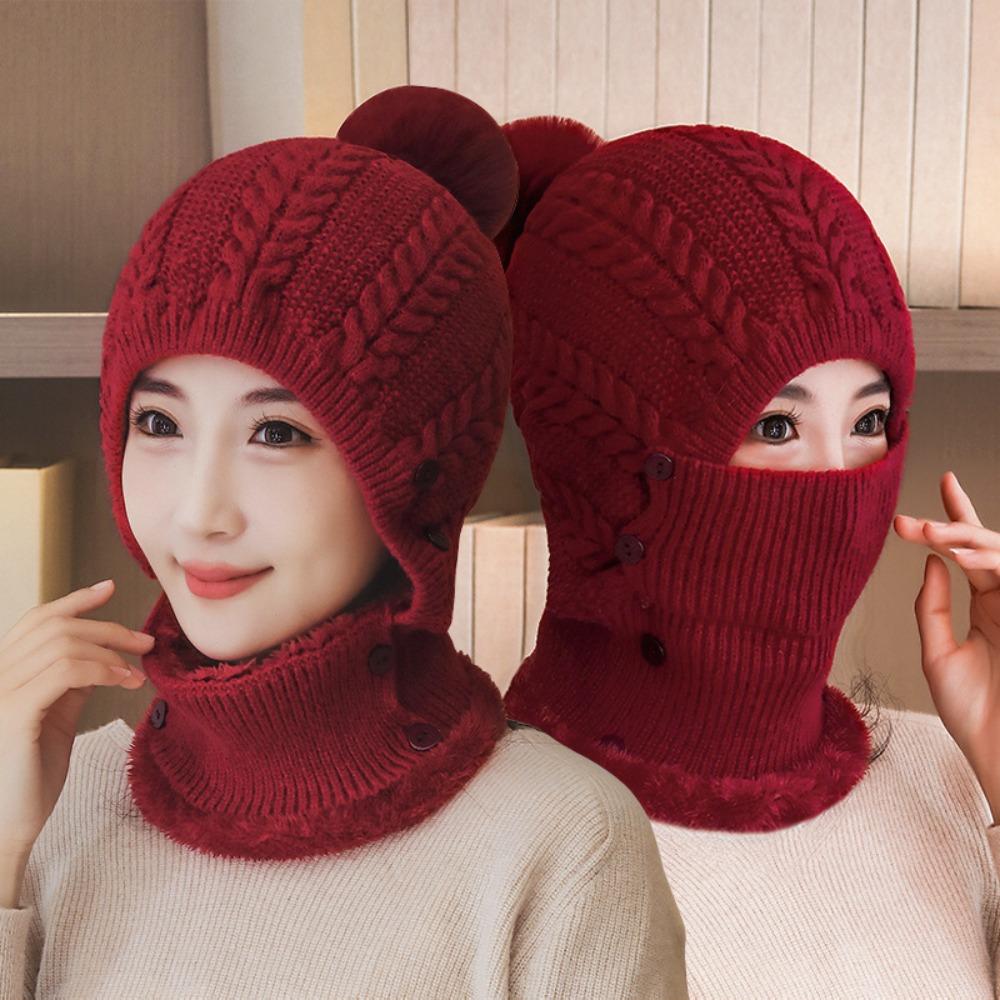 Keep Face Warmer Winter Ski Hat Wool Knitted Face Warmer Pompoms Cap Durable Knit Scarf Cap