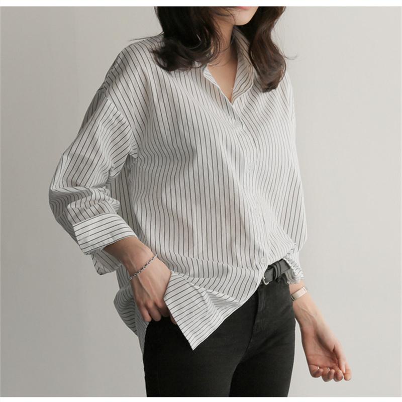 Женская синяя рубашка в стиле BF с отложным воротником, белый топ средней длины с длинными рукавами, однобортная осенняя свободная блузка в полоску в стиле ретро