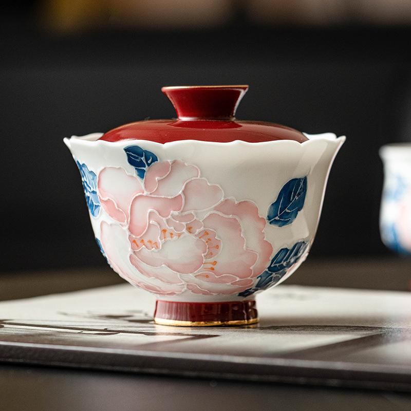 Hand-painted Relief Gold Peony Flower Lid Bowl Tea Cup Single High-end Kung Fu Tea Set Ceramic Tea Bowl with Lid