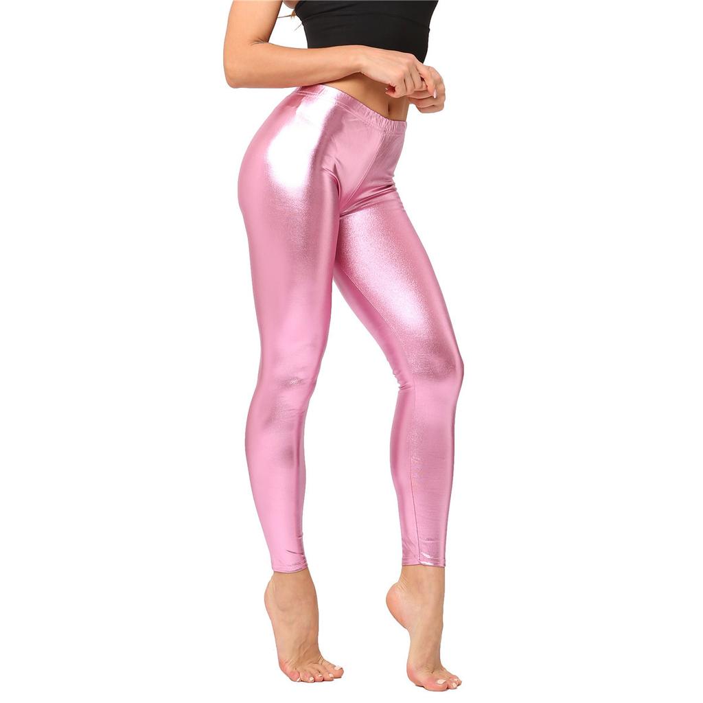 Women Sexy Satin Glossy High Waist Yoga Leggings Nine-point Shiny Oily Gloss Pants
