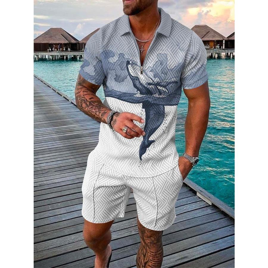 Контрастные летние мужские костюмы с лацканами, застежкой-молнией и принтом, короткий рукав, футболка, комплект из 2 предметов, повседневные шорты с карманами, спортивные костюмы, мужские спортивные комплекты из двух предметов