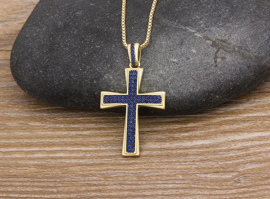 Nidin New Design Cross Blue Crystal Pendant Chain Necklace Copper Cubic Zircon Choker 4 Colors Choice Religion Jewelry Gifts