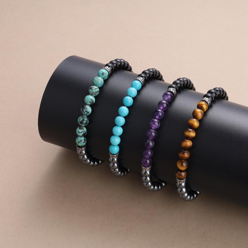 [GAVU] 6mm Triple Protection Bracelet, Men's Crystal Bracelet, Hematite Obsidian Amethyst Bracelet for Men