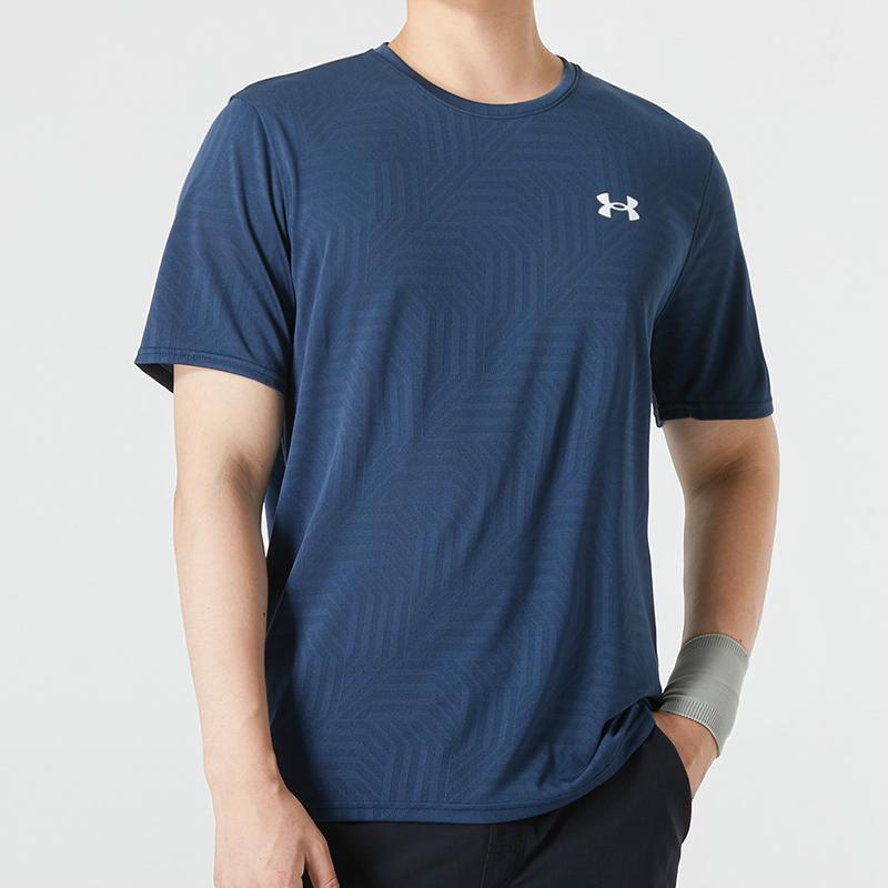 Under Armour Solid Color Logo Print Sport Round Neck T-Shirt Men Tops Blue 1370365-408
