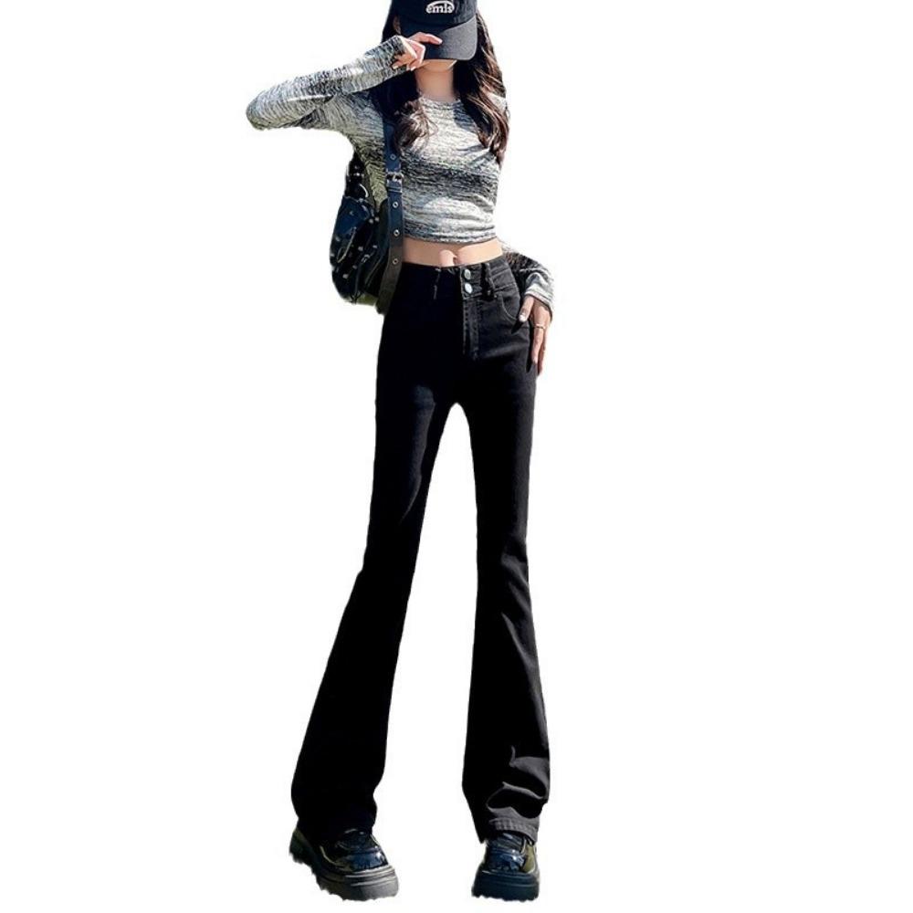 Весенне-осенние новые джинсы микро-клеш с двойной пряжкой женские с высокой посадкой облегающие и тонкие эластичные джинсы клеш тренд