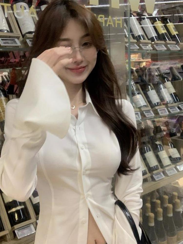 Тонкая женская рубашка с расклешенными рукавами, однобортная однобортная туника с отворотом и повязкой на спине, весенние женские блузки