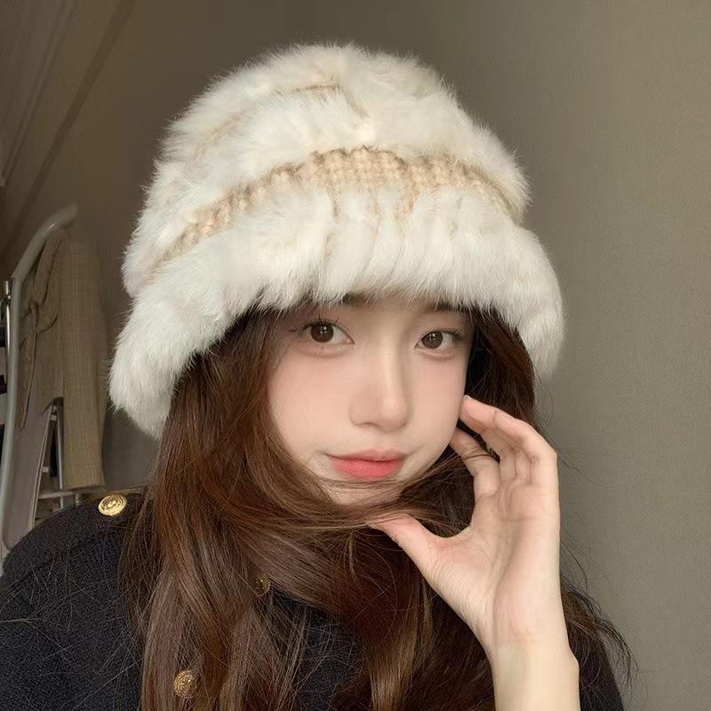 Rabbit Fur Knitted Plush Hat Women's Autumn and Winter Warm Plush Hat Big Head Circumference Showing Face Small Bucket Hat Wool Hat Tide