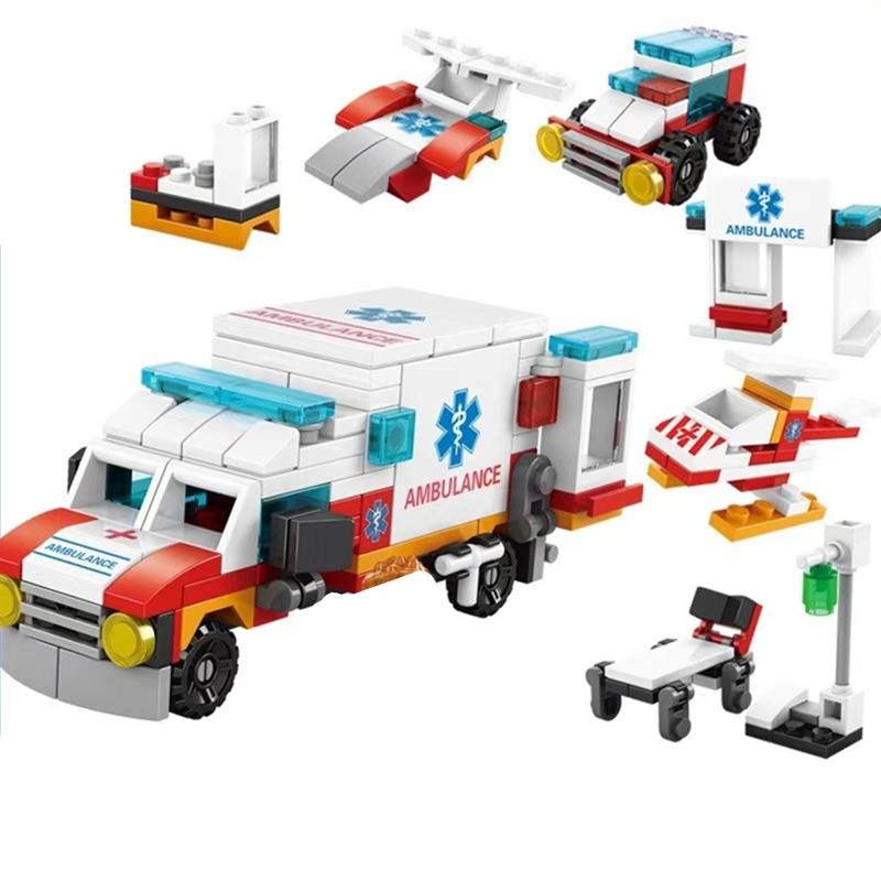 6In1 Ambulance Escort Car Helicopter Paramedic Doctor Mini Loader Truck Classic Model Building Blocks Sets Bricks Kids Toy City