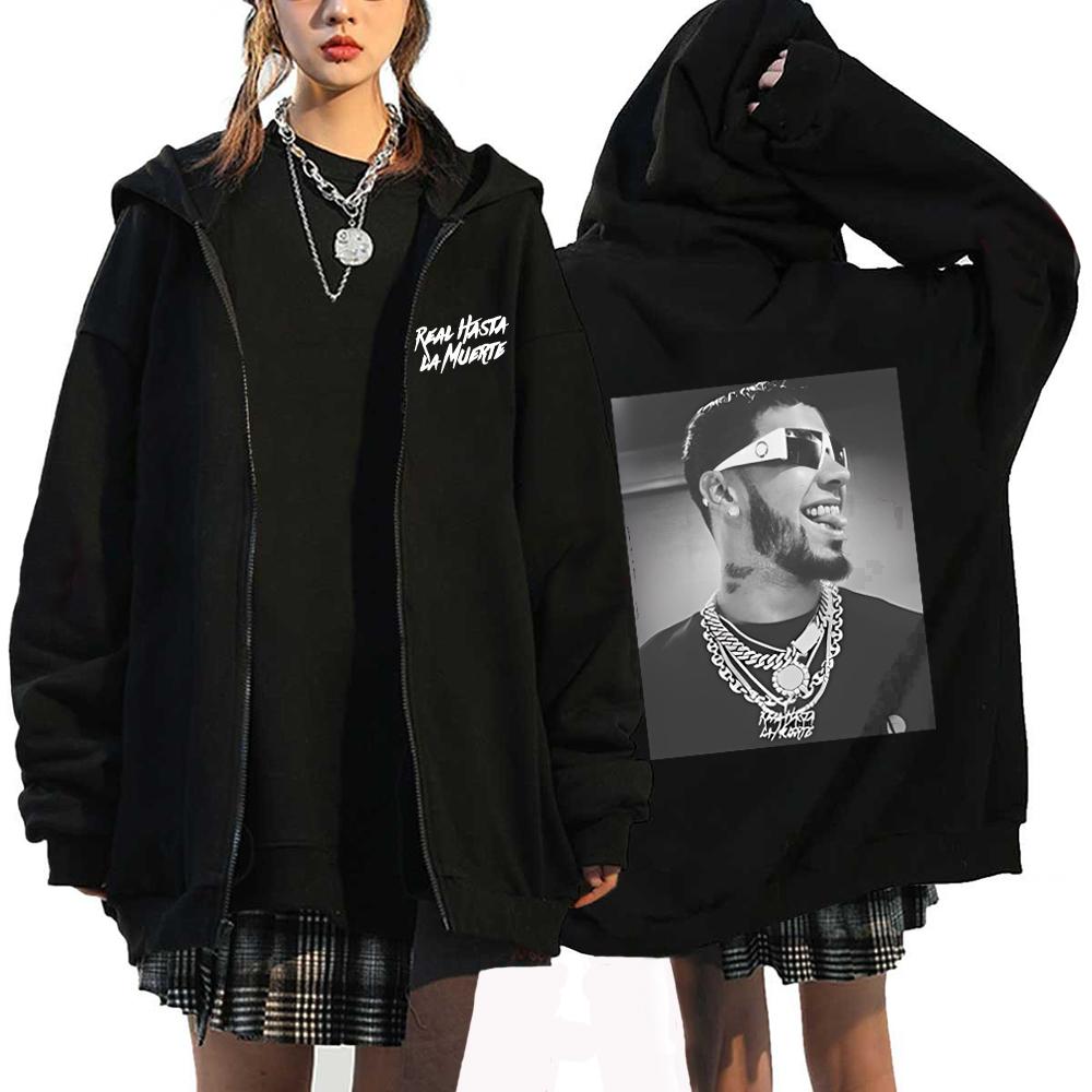 Men's Zipper Hoodies Anuel AA Real Hasta La Muerte Print Sweatshirts Streetwear Rapper Loose Casual Vintage Hoodie Jacket