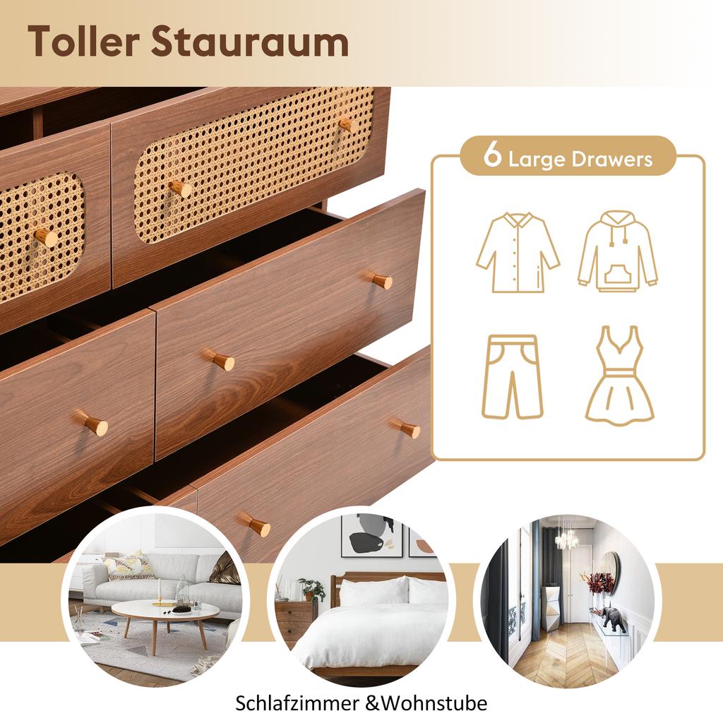 Chest of drawers with 6 drawers, rattan sideboard highboard for bedroom & all living areas, walnut - H90/W120/D40 cm