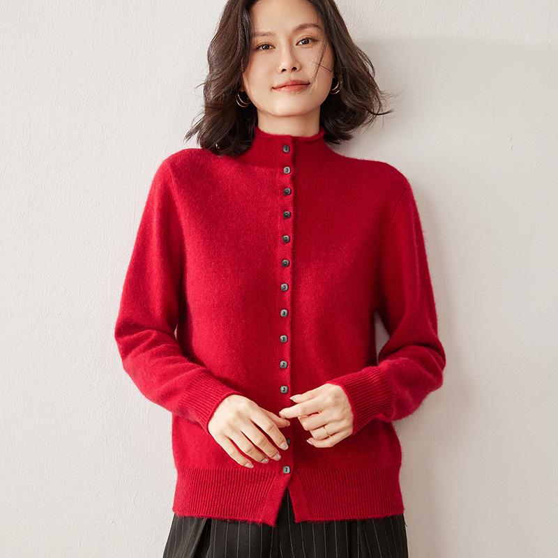 Lekasha Red Cashmere Stand Collar Two-Wear Soft Knit Cardigan for Autumn/Winter