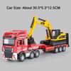 1:48 Flatbed Trailer Excavator Model Toy Car Sound Light Movable Joint Inertial Sliding Engineering Vehicles Boys Hobby Turcks