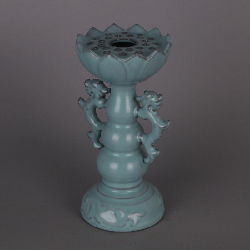 Song Dynasty Ru Kiln Blue Glaze Dragon Lotus Candlestick: Antique-Inspired Palace Porcelain Collection Piece