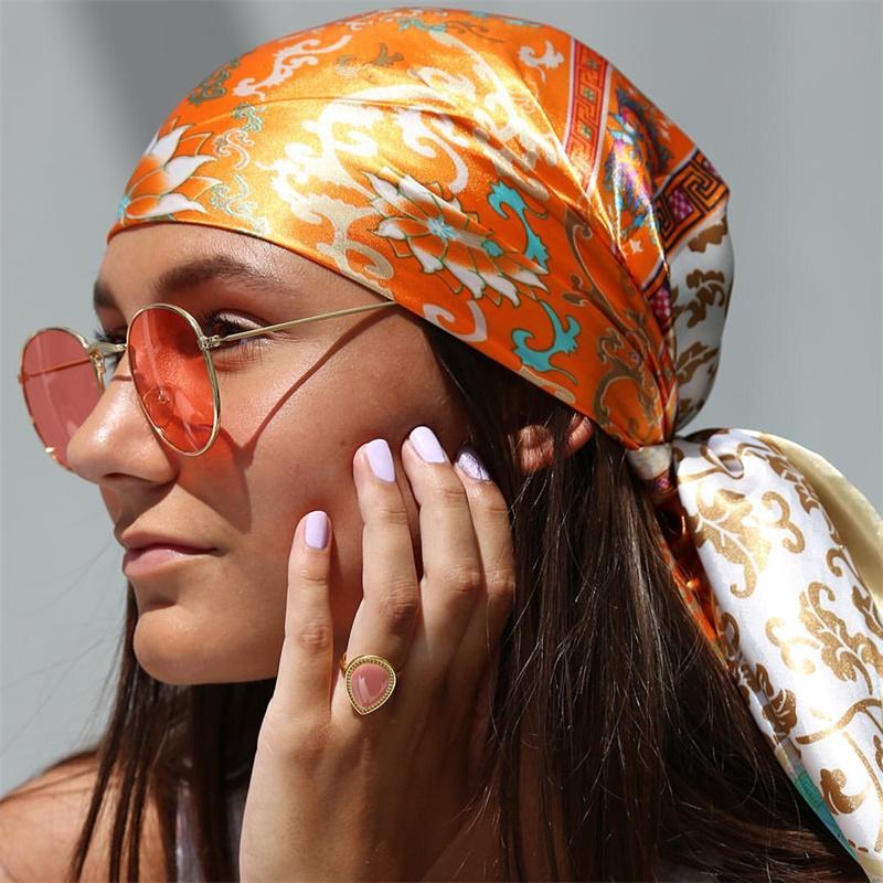Satin Square Scarf Women Muslim Hijab Elegant Print Silk Neckerchief Shawl Wraps Headband Handle Hair Accessories Bandana