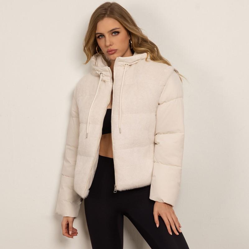 Womens Short Puffer Jacket With Faux Fur Trim Loose Fit Warm Cotton-Padded Coat Winter