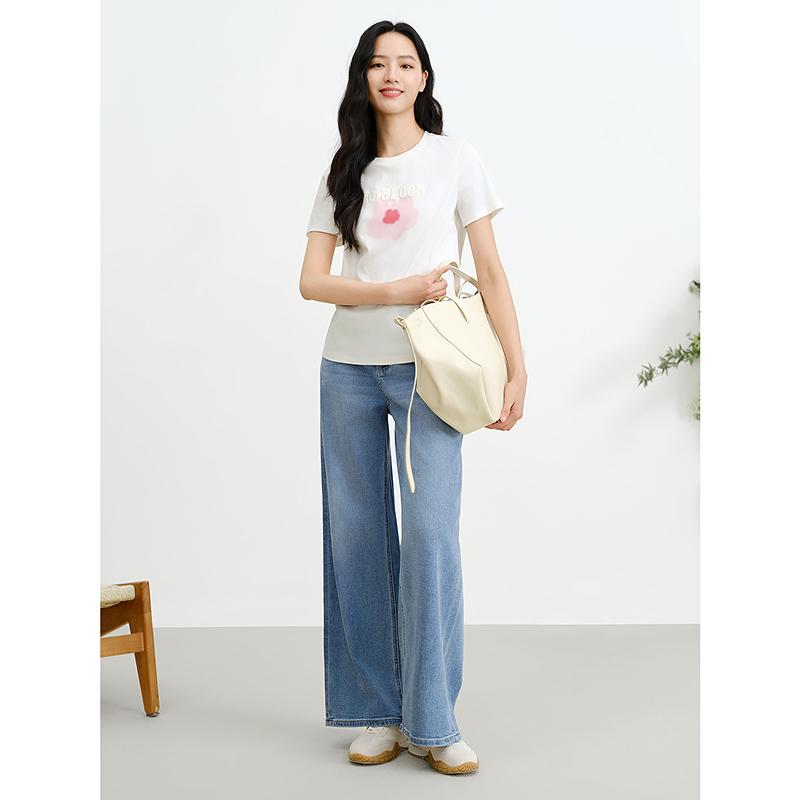 JUZUI casual versatile cotton knitted printed T-shirt for women's summer new JWFX83304
