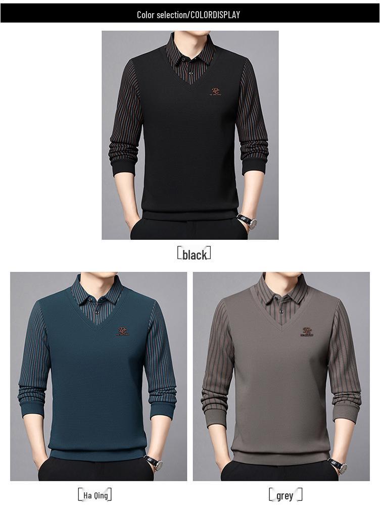 Men's Winter Wool Silk Lapel Two-in-One Sweater with Fleece Lining