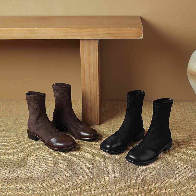 Krazing Pot Флок Осенне-зимняя обувь Низкий каблук Размер 43 Стрейч-сапоги Задняя вставка Прямой стиль Эластичные ботильоны
