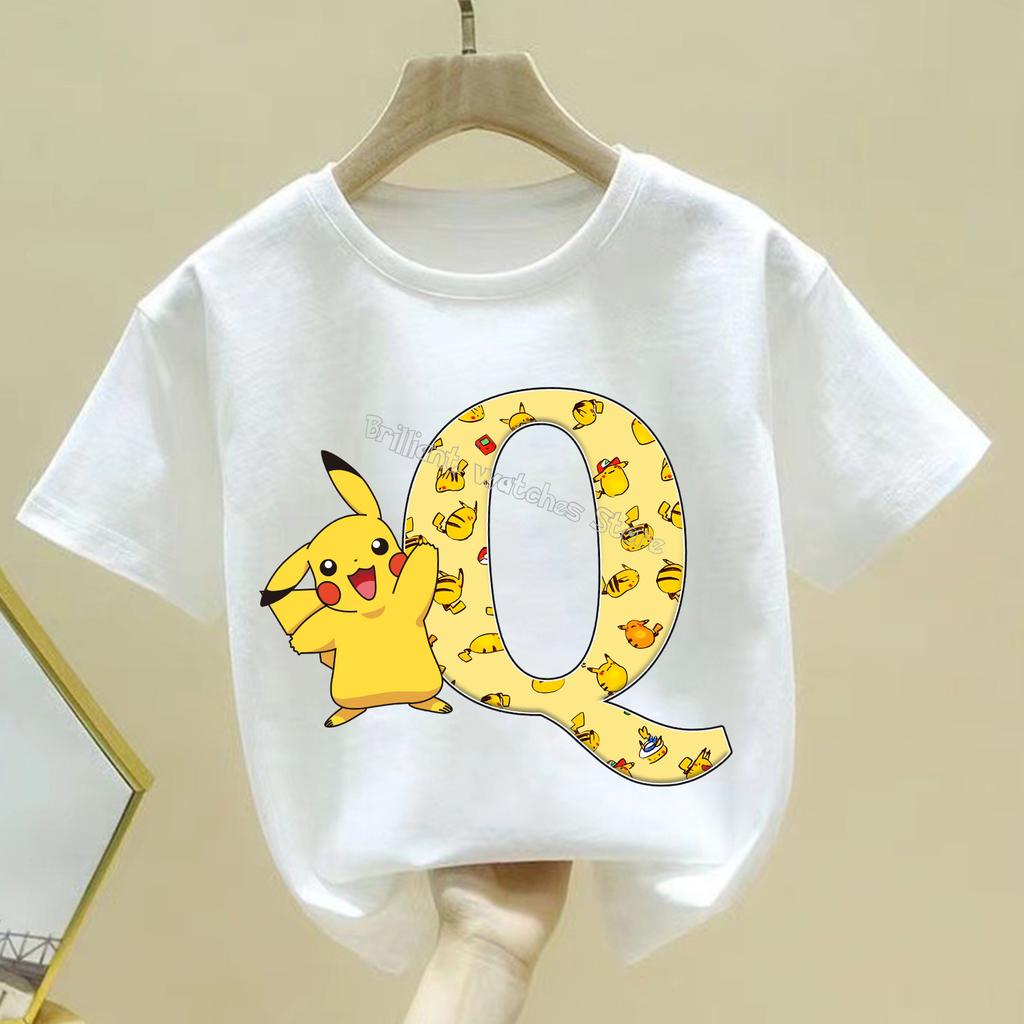 Pokemon Pikachu T-shirt Children A-Z Letter White Clothes Round Collar Clothing Kids Short Sleeve Cartoon Partern Summer Tee Top