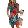 Women's Summer V-Neck Casual Short Sleeve Drawstring With Pocket Vintage Floral Dresses