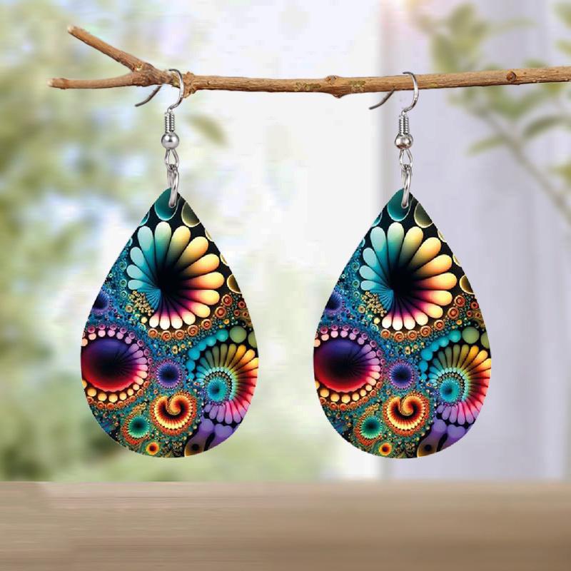 Bohemian Style Colorful Kaleidoscope Mandala Pattern Tears Earrings Lightweight Fashion Waterdrop Shape PU Leather Earrings