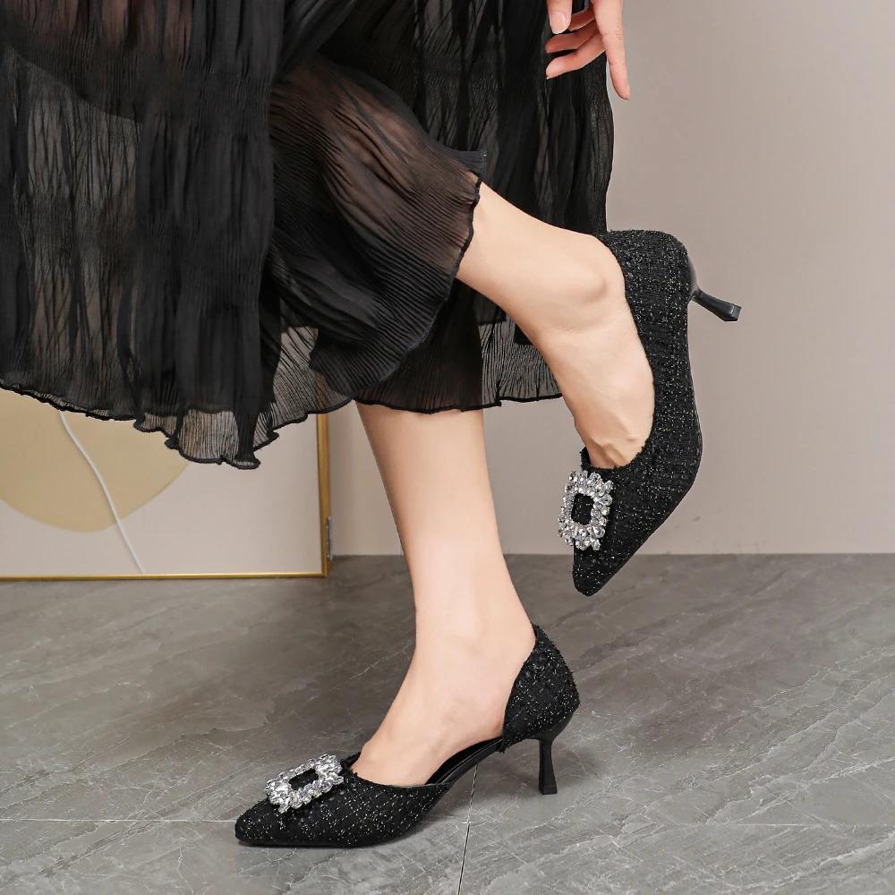 Fashionable Korean Style Diamond Ladies High Heels Low Cut Single Shoes Sharp Pointed Toe Ultra Thin Heel Women's Footwear