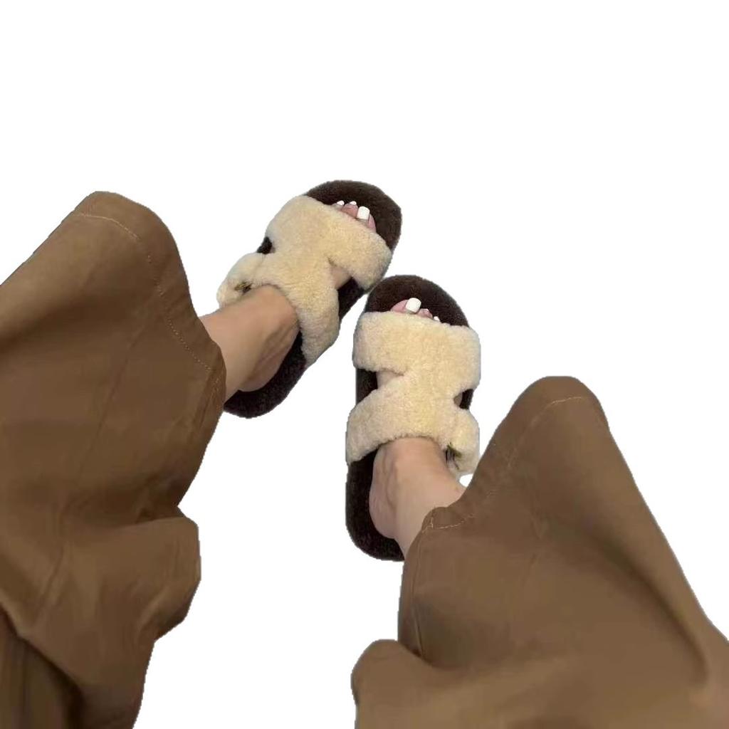 Европейские товары 2025 осень и зима новые овчина и мех интегрированные на плоской подошве шерстяные тапочки женские носят овечью шерсть теплые тапочки прилив