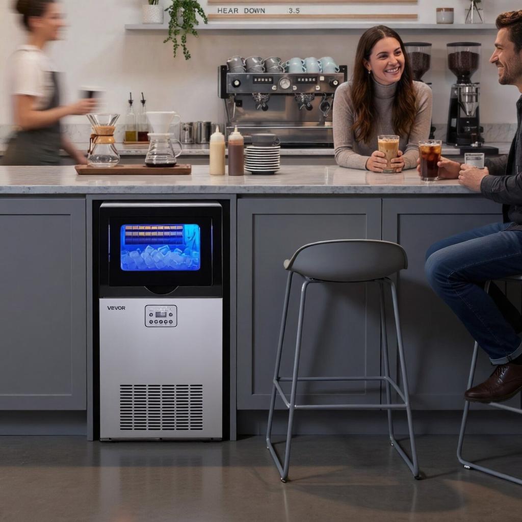 Commercial Ice Maker Machine, 45 kg/24h with 14 kg Storage Capacity, Built-in/Freestanding/Under Counter, Stainless Steel Ice Maker with LED Display &