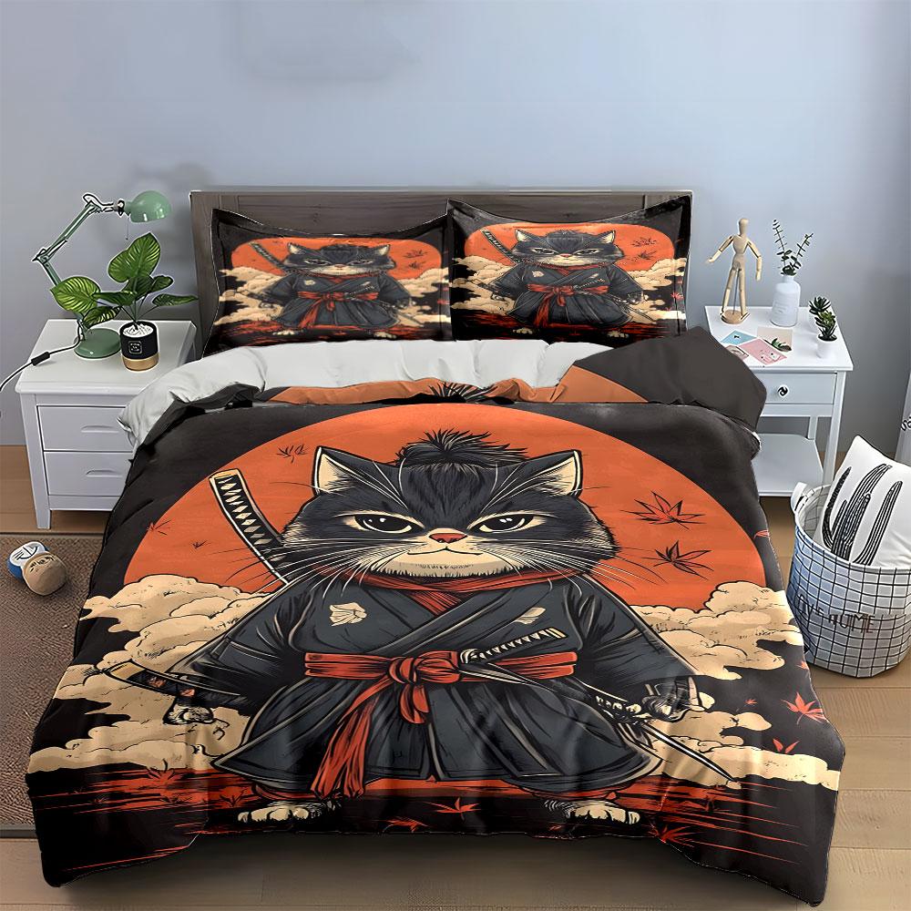 Samurai cat, autumn leaves. Bedding sets Duvet cover sets Duvet covers Pillowcases(1*Duvet Cover 2*Pillowcases without duvet insert)