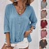 Autumn V-neck 3/4 Sleeve Shirt Tops Buttons Placket Solid Color Loose Fit Thin Breathable Women Shirt Streetwear