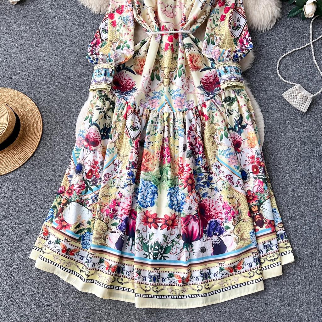 Осеннее праздничное винтажное длинное платье с цветочным принтом, женское платье-стойка с длинными рукавами и поясом на шнуровке, вечерние платья, свободные платья