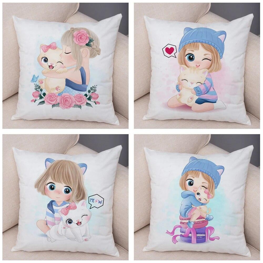 Children's Room Sofa Home Pillowcase Cute Cartoon Girl and Cat  Decoration  Animal Cushion Cover