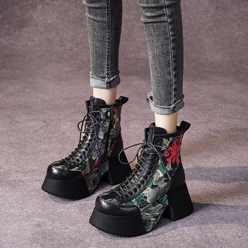 Fashion 8CM Chimney Ladies Fashion Ankle Booties Moccasins Print Shoes Natural Genuine Leather Boots Autumn Winter Motorcycle Women Fall